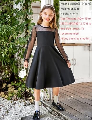 Arshiner Girl's Contrast Mesh Puff Long Sleeve High Waist A Line Black Short Dress with Pockets 9-10 Years - Image 6