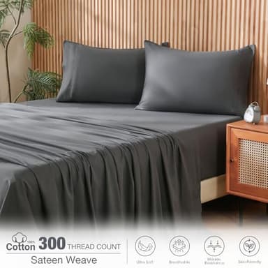 JSD 100% Cotton Sheet Set Queen, 300 Thread Count Dark Gray Sateen Sheets, Soft Breathable Cooling Sheets Deep Pocket - Image 3