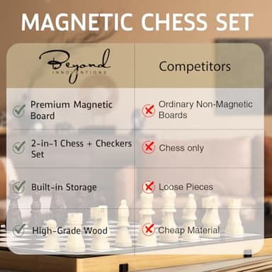 Wooden Magnetic Chess Set | 15 Inch Foldable Chess Board - 2 Extra Queens - Magnetic Chess Game with Storage | Chess Sets for Adults | Handmade Portable Travel Chess Set for Kids & Beginners - Image 6
