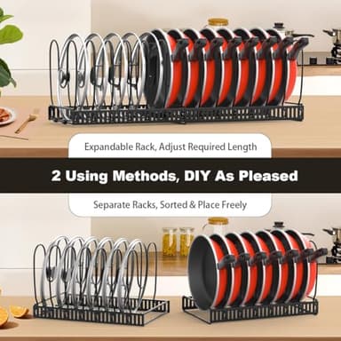 Housolution Pot and Pan Organizer Rack for Cabinet, Expandable Pot Lid Organizer Holder with 14 Adjustable Dividers, Fully Expanded Size 22.83" W x 7.09" D x 7.09" H, Black - Image 4