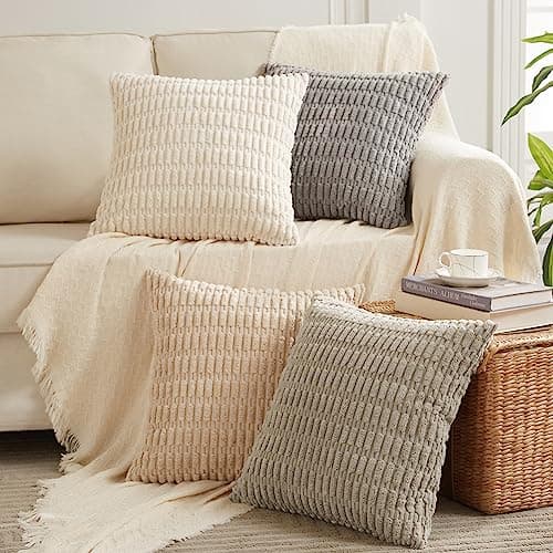 Fancy Homi 4 Pack 20x20 Inch Striped Corduroy Throw Pillow Covers, Rustic Boho Home Decor - 50x50 cm - Image 1