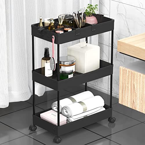SPACELEAD 3 Tier Rolling Cart with Wheels, Storage Craft Art Trolley Organizer Serving, 3 Hanging Baskets Easy Assembly, for Office, Living Room, Kitchen, Black - Image 1