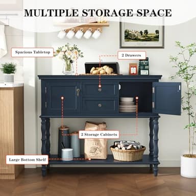 ARTPOWER Console Table with 2 Drawers, Retro Entryway Table with 2 Door Cabinets and Open Storage Shelf, Narrow Long Behind Couch Sofa Table for Living Room, Foyer, Hallway, Blue - Image 3