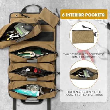 Tool Roll Bag Organizers- Heavy Duty Roll Up Tool Bag Organizer 6 Tool Pouches with Labeled, Small Tool Bag Removable Pouches, Gifts for Electrician,Carpenter, Plumber, Mechanic, Hobbyist - Image 5