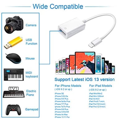 Lightning to USB Camera Adapter Lightning Female OTG Cable Adapter for Select iPhone,iPad Models Support Connect Camera, Card Reader, USB Flash Drive, MIDI Keyboard, White - Image 2