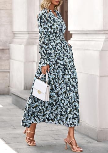 PRETTYGARDEN Women's Floral Maxi Dress 2025 Fall Long Sleeve V Neck Casual A Line Long Flowy Boho Party Dresses (Floral Blue Yellow,Medium) - Image 4