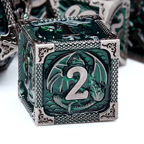 Haxtec DND Dice Set Metal D&D Dice Set with Leather Dice Bag Antique Iron Green Metal Polyhedral Dice Compatible with Dungeons and Dragons TTRPG Gifts - Image 1