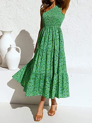 ZESICA Women's 2025 Bohemian Summer Floral Print One Shoulder Sleeveless Smocked Ruffle Tiered Beach Long Midi Dress,GrassGreen,Small - Image 2