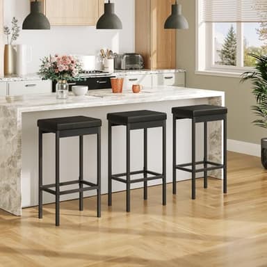 HOOBRO Bar Stools, Set of 3 Modern Black Rectangular Bar Chairs, 24.8-Inch Height, 2" Thick Upholstered Seat with High-Density Sponge, for Kitchen, Dining Room, Cafe, Bar Counter - Image 2