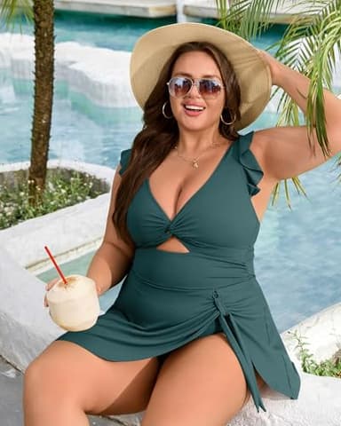 Charmo Women Plus Size Swimdress One Piece Swimsuit Tummy Control Twist Front Bathing Suit Ruched Skirted Swimwear Green 4X - Image 9