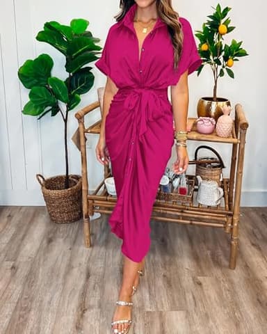 BTFBM Women Button Down Ruched Shirt Dresses Satin Short Sleeve Lapel V Neck Summer Maxi Dress 2025 Party Wedding Guest(Rose Red, Small) - Image 2