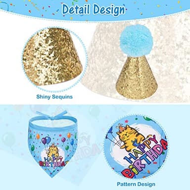 EXPAWLORER Cat Birthday Party Supplies, Cat Birthday Cake Hat & Bandana Scarfs Set, Cute Triangle Scarf with Party Hat and Flag Decorations for Kittens, Small Animals Blue - Image 5
