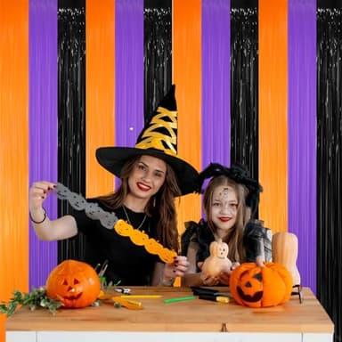 GOER 3.2 ft x 8.2 ft Metallic Tinsel Foil Fringe Party Backdrop for Halloween Birthday Graduation New Year's Party Decorations(5 Packs,Black&Orange&Purple) - Image 3