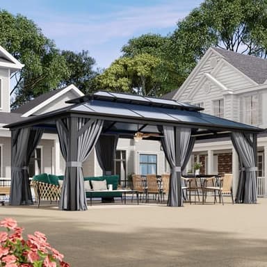 Aoxun 12'x20' Hardtop Gazebo, Aluminum Frame Permanent Pavilion with Curtains and Netting, Outdoor Polycarbonate Double Roof Canopy, Designed for Garden, Lawns, Patio, Gray - Image 1