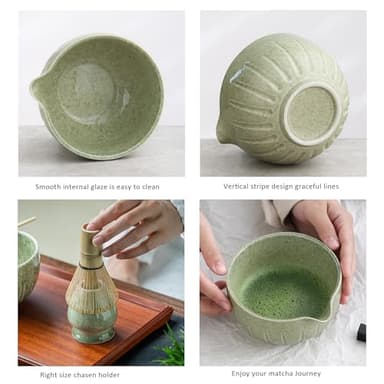 TANG PIN Matcha Set - Match Bowl with Spout and Whisk, 15 OZ, Matcha Scoop | Matcha Whisk Stand (Chasen Holder) - 4pc Perfect Matcha Kit for Matcha Tea Ceremony (Mottled Green) - Image 3
