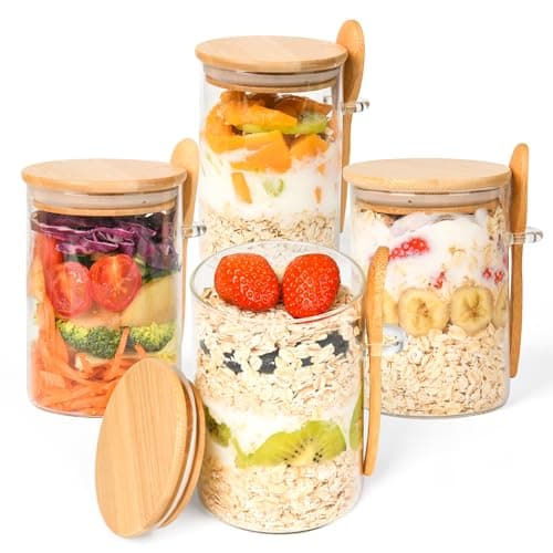 Overnight Oats Containers with Lids,4 Pack 18oz Overnight Oats Jars with Spoons,Salad Meal Prep Jar with Bamboo Lids for Chia Seed Pudding Salad Cereal Coffee Flour,Sourdough Starter Jar for Bread - Image 1