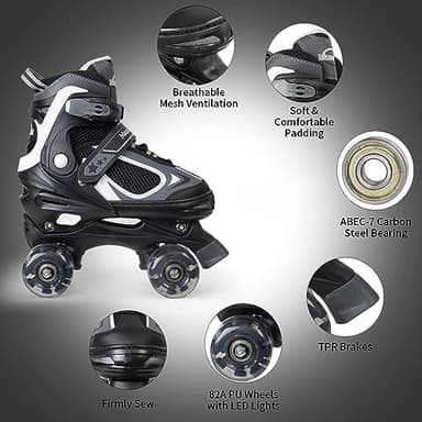 MammyGol Roller Skates for Boys Girls, 4 Sizes Adjustable Quad Skates for Kids with All Light up Wheels, Full Protection for Toddler's Indoor and Outdoor Play Black Size 1 2 3 - Image 2