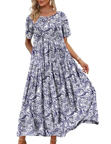 YESNO Women Casual Loose Bohemian Floral Dress with Pockets Short Sleeve Long Maxi Summer Beach Swing Dress 4XL EJF CR148 - Image 1