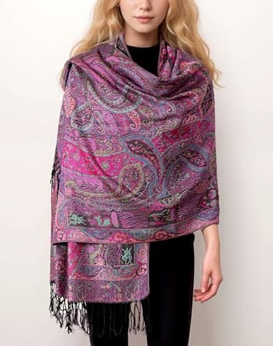 Achillea Soft Silky Reversible Paisley Pashmina Shawl Wrap Scarf w/Fringes (Tapestry Fuchsia) - Image 4