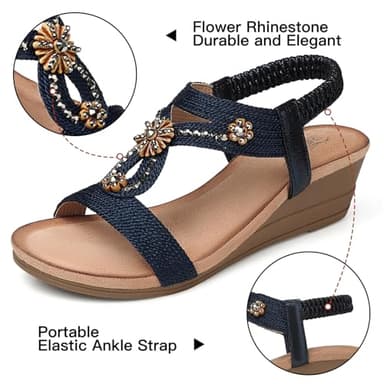 SHIBEVER Darkblue Wedge Sandals for Women Dressy Summer Comfortable Rhinestone Sandals Open Toe Ankle Strap Shoes Low Heel - Image 4
