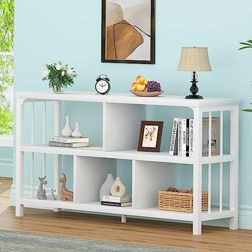 IBF White Wood Bookshelf, Industrial Horizontal Cubby Book Shelf, Low Open Shelf Bookcase for Office Living Room, Modern Short Wide 5 Cube Storage Organizer for Books Display Bedroom, White Oak, 47 In - Image 1