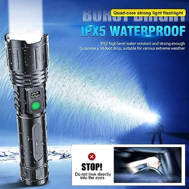 Hoxida Flashlights High Lumens Rechargeable - 2000 Lumens Long Beam Super Bright LED Flash Light with Power Display & IPX5 Waterproof for Camping, 20H Runtime,5 Modes,Zoomable Handheld Flashlight - Image 3
