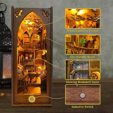 CRIOLPO Book Nook Kit - DIY Doll House Booknook, Book Nook Miniature Kit for Bookshelf Doll Houses for Adults Teen Halloween, 3D Wooden Puzzle Bookends with Sensor Led Light - Image 3