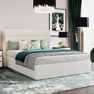 SHA CERLIN Queen Size Lift Up Storage Bed/Velvet Upholstered/Modern Wingback Headboard/Upholstered Platform Bed Frame/Hydraulic Storage/No Box Spring Needed/White - Image 8