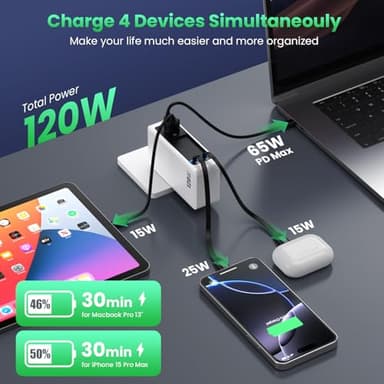 120W USB C Charger Block with 2 Built-in Retractable Cables,4-in-1 GaN IV Foldable Plug Wall Charger Fast Charging Station,PD 65W Laptop Adapter for MacBook/iPad,iPhone 16/15/14,Android (White) - Image 3