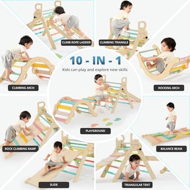 BlueWood 10-in-1 Pikler Triangle Set, Toddler Climbing Toys Indoor, Montessori Climber, Baby Jungle Gyms with Arch, Extra Rope Ladder & Footprint Balance Beam - Rose Garden - Image 6