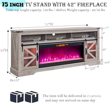 OKD 75" Fireplace TV Stand for 85" TV, 33" Tall Highboy Farmhouse Entertainment Center w/ 42'' Electric Fireplace, LED Light, Rustic Media Console w/Sliding Barn Door for Living Room, Light Rustic Oak - Image 2