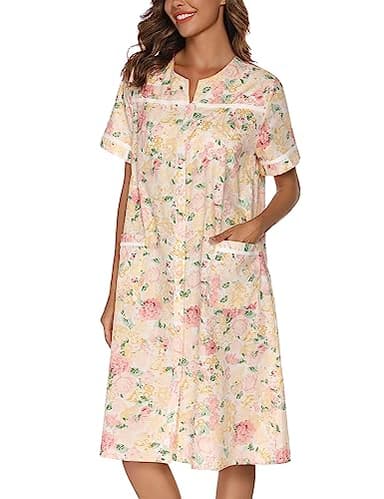 YOZLY House Dress Womens Cotton Housecoat Short Sleeve Duster Robe with Pockets Flower Pink, Small - Image 4