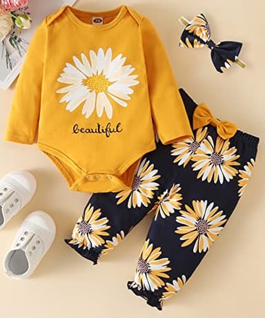 Fullfamous Newborn Baby Girl Clothes Gifts Outfits,Fall Winter Long Sleeve Romper and Pant Set Yellow Sunflower 0-3 months - Image 2