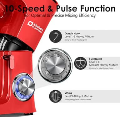 Kitchen in the Box Stand Mixer, 900W 8.5 QT Kitchen Electric Mixer, 10-Speed Large Capacity Tilt-head Food Mixer with Dough Hook, Wire Whip, Flat Beater & Splash Guard (Red) (Renewed) - Image 4