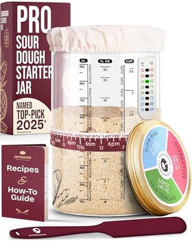 Superbaking Sourdough Starter Jar, Beginner Sourdough Starter Kit, 34oz Wide Mouth Sour Dough Glass Jar with Guides & Recipes, Sourdough Bread Baking Supplies, Sourdough Container Crock - Image 1