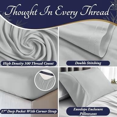 DECOLURE 100% Viscose Derived from Bamboo Sheets Twin Size 3pcs - Ultra Soft & Luxuriously Cooling, 17" Deep Pocket, Double Stitching, Perfect for Hot Sleepers - Twin Bed Sheets (Light Grey) - Image 3