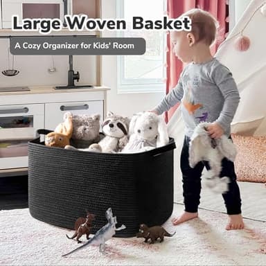 Goodpick Extra Large Storage Basket, 23.6" x 15.7" x 13.8" Rectangle Cotton Rope Basket for Blankets, Pillows, Toys, Woven Dirty Clothes Baskets for Laundry, Black - Image 2