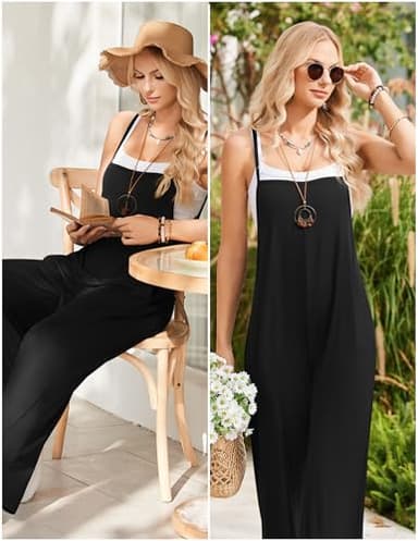 Ekouaer Womens Causal Sleeveless Jumpsuits Summer Boho Wide Leg Floral Rompers Overalls with Pockets Black L - Image 4