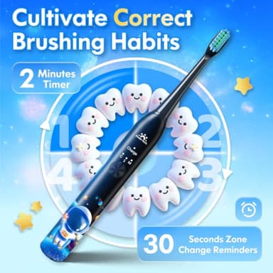 Kids Electric Toothbrush Rechargeable Age 3-5-6-12-18 Year Old, Sonic Toothbrush Kids with Timer 3 Modes 4 Vibrating Heads Habit Stickers Tooth Brush for Girls Boys and Childrens (Astronaut Black) - Image 5