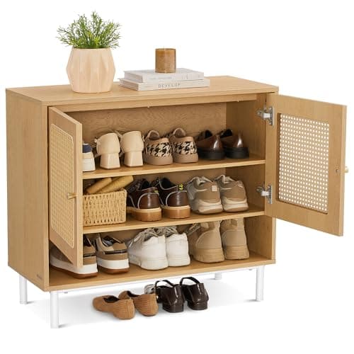 VASAGLE Natural Rattan 3-Tier Shoe Cabinet, 16 Pair Shoe Storage Cabinet, Boho Style Shoe Organizer with Height-Adjustable Shelves and Steel Legs, for Entryway, Closet, Hallway, Oak Beige ULBC049N01 - Image 1