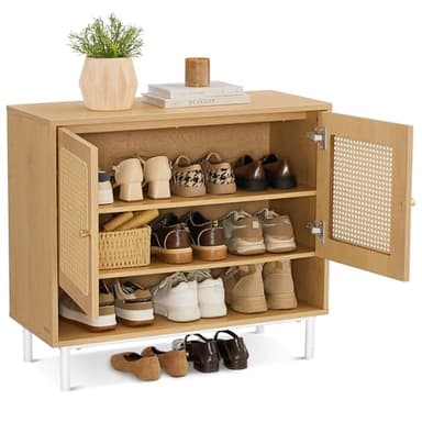 VASAGLE Natural Rattan 3-Tier Shoe Cabinet, 16 Pair Shoe Storage Cabinet, Boho Style Shoe Organizer with Height-Adjustable Shelves and Steel Legs, for Entryway, Closet, Hallway, Oak Beige ULBC049N01 - Image 1