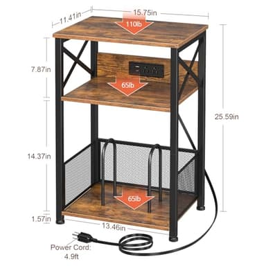 AMHANCIBLE Record Player Stand with Charging Station, Turntable Stand with Storage Cabinet, 3 Tier End Table Hold Up to 100 Albums, Record Table for Vinyl, Living Room, Rustic Brown, HETCD01BR-1 - Image 4