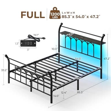 Rolanstar Full Bed Frame with USB Charging Station, LED Bed Frame with Storage Headboard, Black Metal Platform Bed with Sleigh Headboard and Footboard, No Box Spring Needed, Noise Free - Image 2