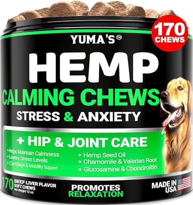 Hemp Calming Chews for Dogs - Advanced Dog Calming Chews - 170 Treats - Anxiety Relief Treats - Hemp Oil - Separation Aid, Stress, Hip and Joint Supplement for Canine Health Support - Beef Flavor - Image 1