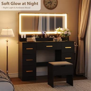 Garvee Vanity Desk with Large Mirror and Lights, 45.9In Makeup Vanity Desk, 3 Lighting Modes Adjustable Brightness, Vanity Table with Power Outlet &8 Drawers, for Powder Room and Bedroom - Image 3