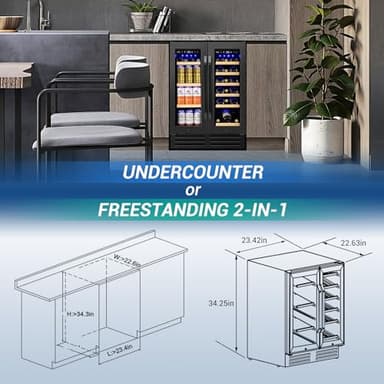 Wine and Beverage Refrigerator Black, 24 Inch Beverage Cooler Under Counter Dual Zone with Glass Door&Lock, 18 Bottles and 68 Cans Large Capacity for Beer Soda Drink, Built-In or Freestanding Fridge - Image 2