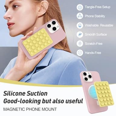 Magnetic Suction Phone Mount for MagSafe Case,Silicone Sticky Phone Grip Holder for iPhone,Removable Hands-Free Selfie/Video for TikTok & Instagram Influencer/Creator (Yellow) - Image 3