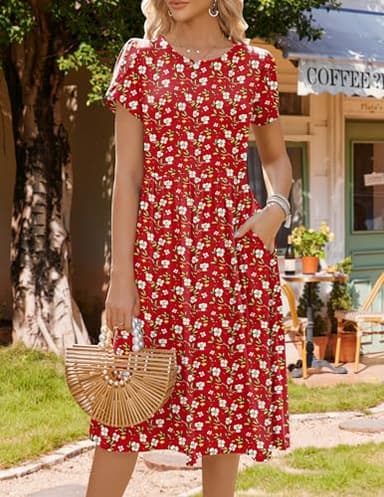HOTOUCH Mid Length Dress for Women Ditsy Floral Dress Cotton Shirt Dress Midi Length Flowy Dress Holiday Vocation Sun Dress,XX-Large Red Flower - Image 4