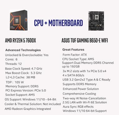 MICRO CENTER AMD Ryzen 5 7600X CPU Processor with ASUS TUF Gaming B650-E WiFi AM5 ATX Motherboard - Image 2