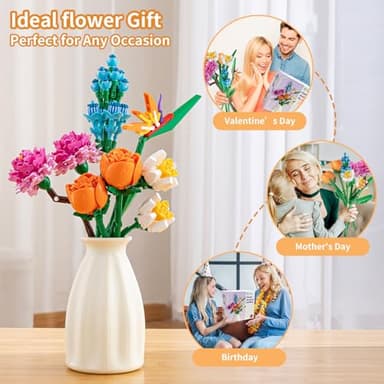 qesfir Flower Bouquet Building Set with Vase - Artificial Wildflower Botanical Collection Building Block, Plant Flower Kit, DIY Mini Micro Bricks Home Decor Gift for Birthday Mother's Day - Image 6